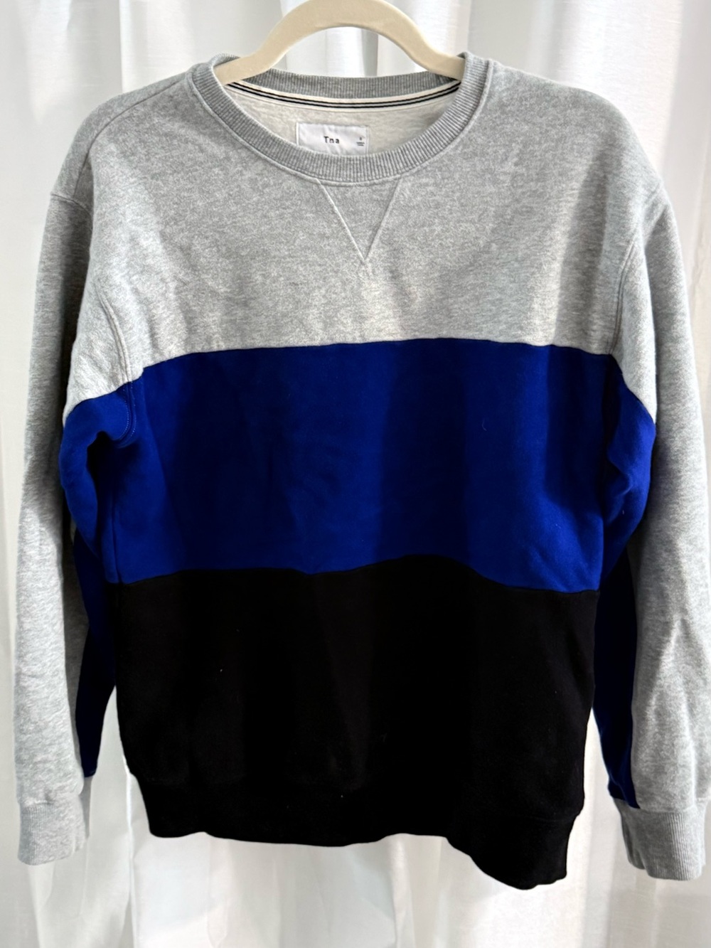 TNA Gray Royal Blue Black Colorblock Crewneck Sweater - Picture 1 of 3